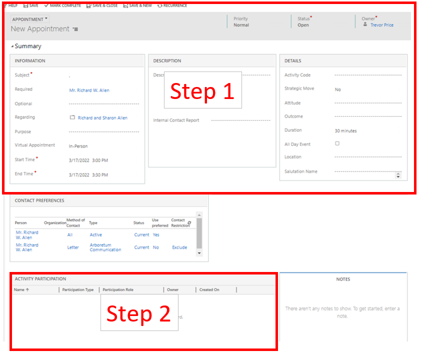 Screen Shot of CRM step one summary highlighted, step two activity participation highlighted.