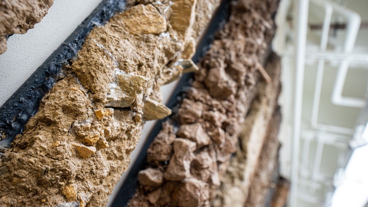 Columns of soils hang on a wall.