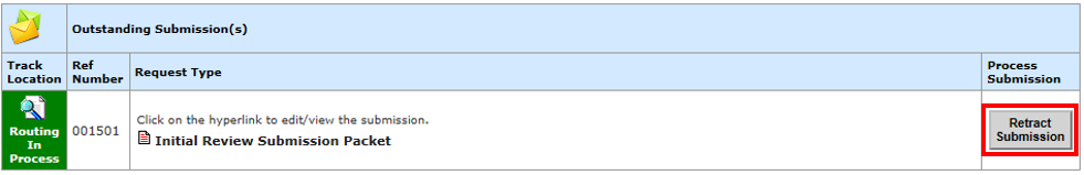 Table with a highlighted button titled "Retract Submission".