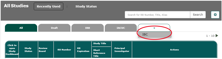 A menu with a filter dropdown with one item titled "IBC".